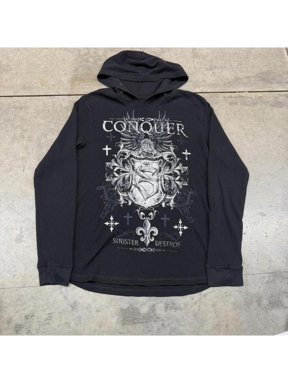 vintage conquer black spade cross sinister destroy thermal hooded shirt
